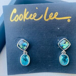 Vintage Cookie Lee blue and genuine abalone earrings new on holder.